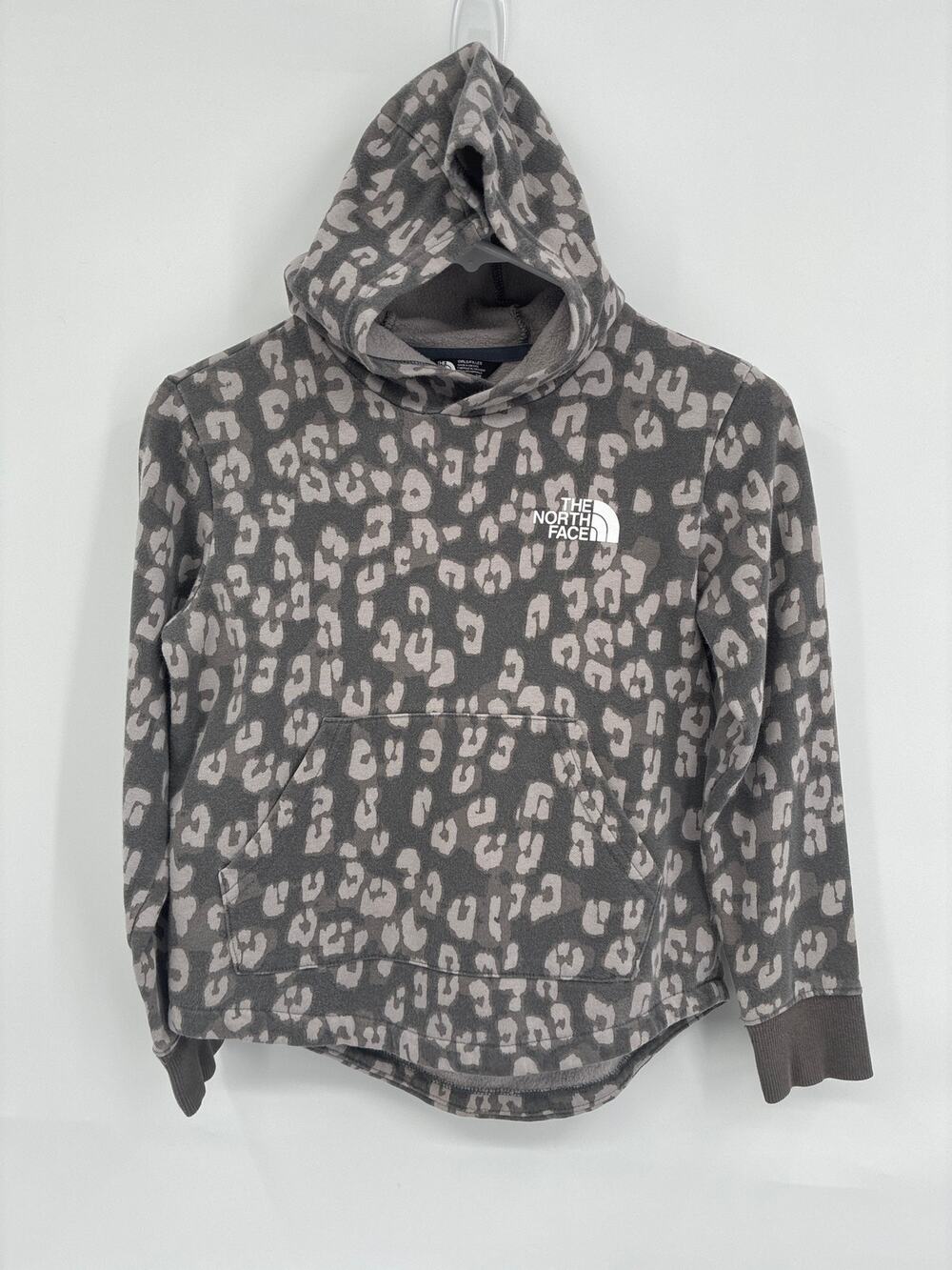 The North Face Gray Printed Camo Cheetah Fleece Pullover Hoodie Girls S 7/8
